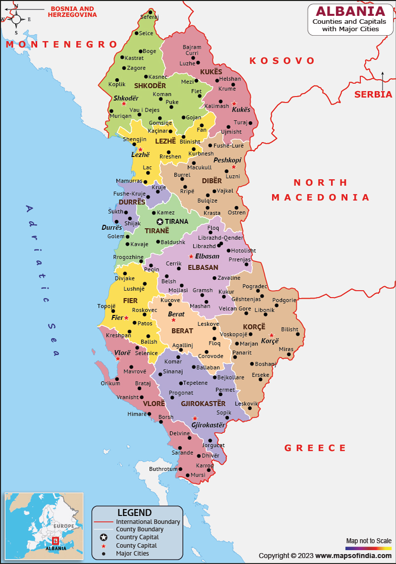 Albania Counties and Capital Map