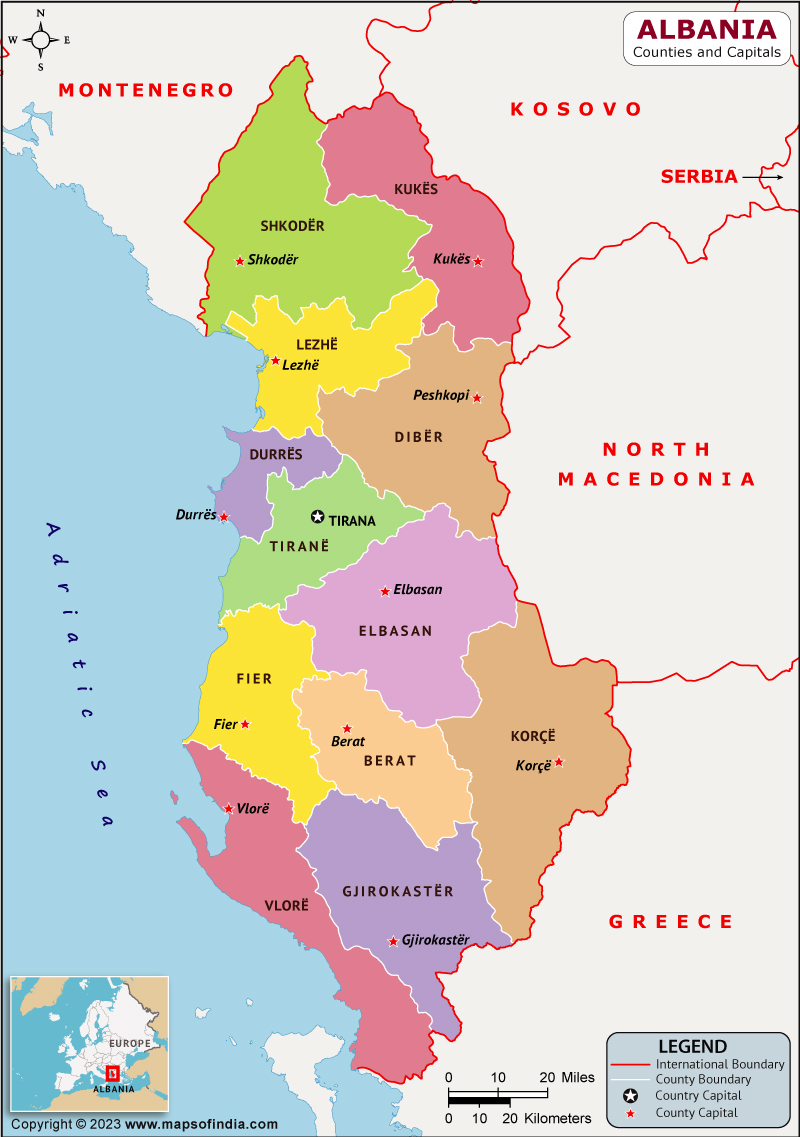 Albania Counties  and Capital Map