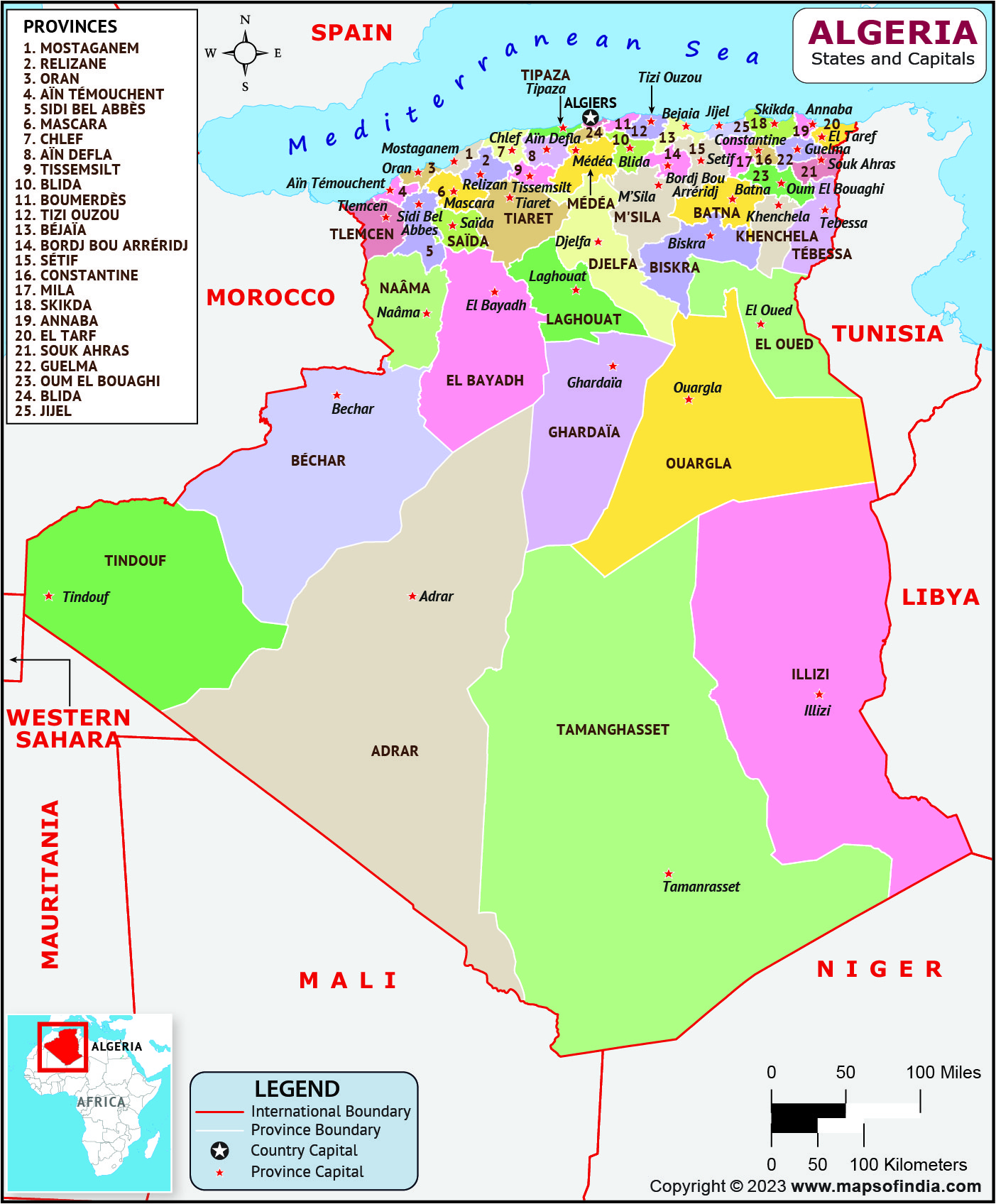 Algeria Provinces and Capital Map