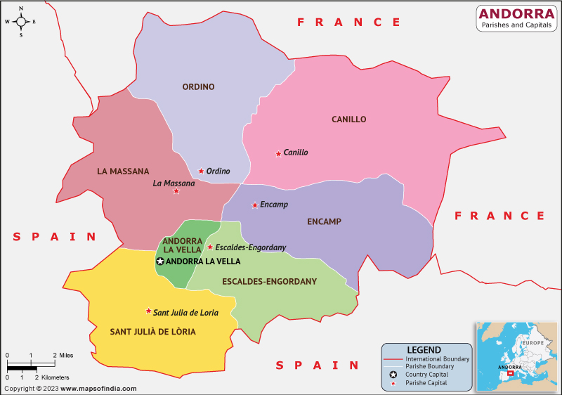 Andorra Parishes  and Capital Map