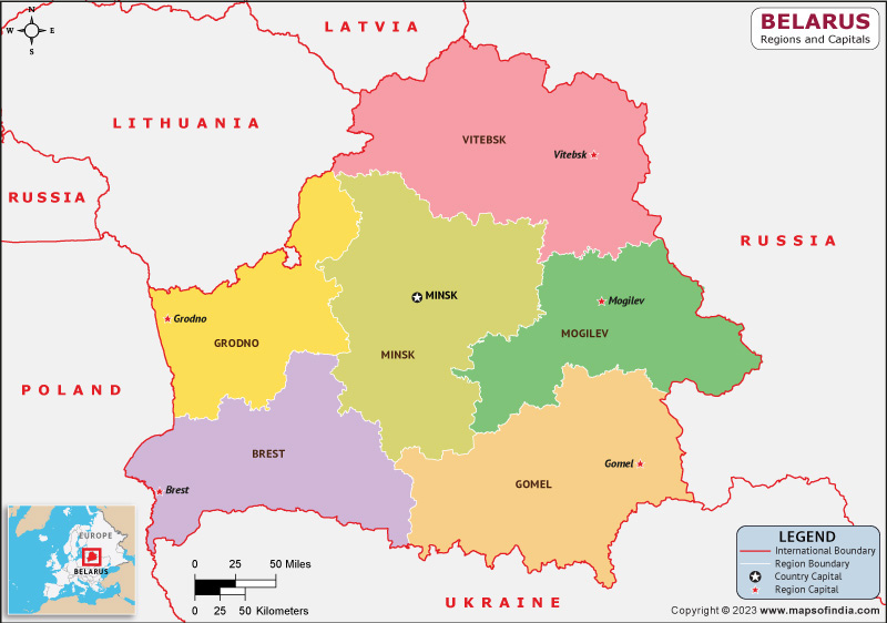 Belarus Regions  and Capital Map