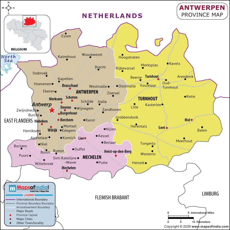 Antwerp map showing location, boundaries, major cities and geographical features of Antwerp in Belgium