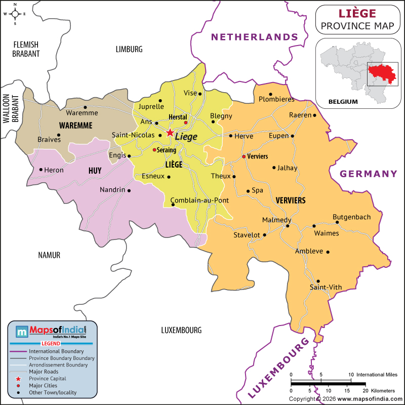 Liege map showing location, boundaries, major cities and geographical features of Liege in Belgium
