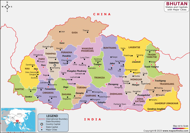 bhutan provinces and Capital Map