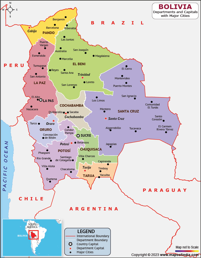 Bolivia Departments  and Capital Map