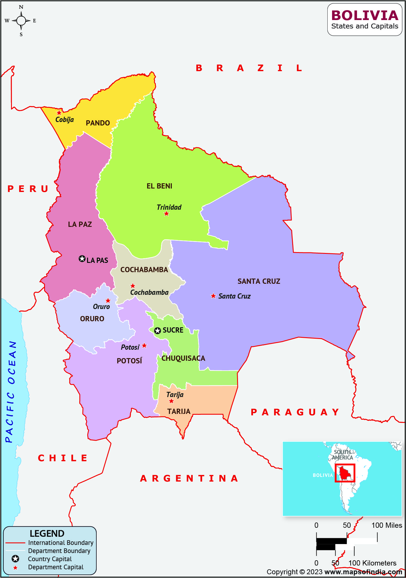 Bolivia Departments  and Capital Map