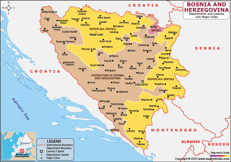 Bosnia and Herzegovina Departments and Capital Map