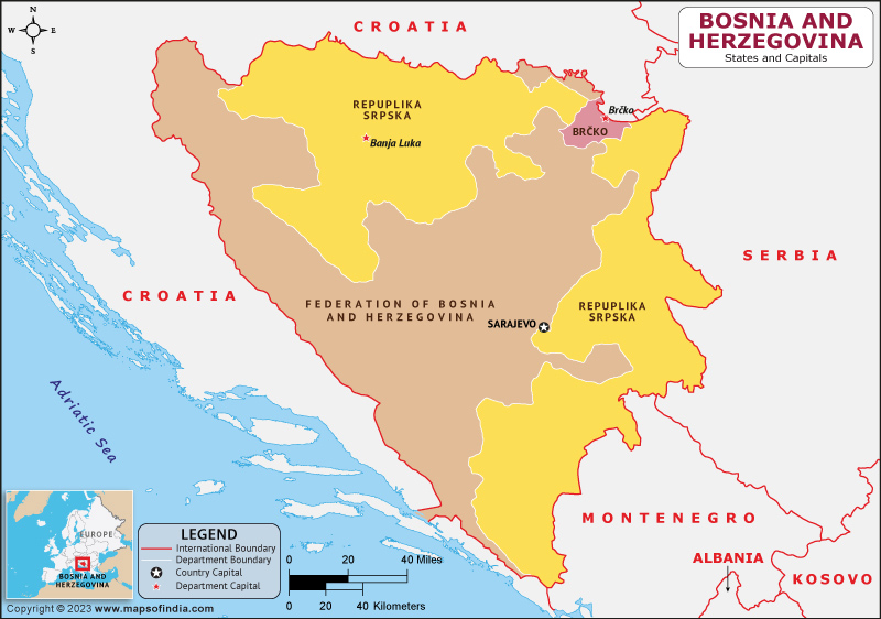 Bosnia and Herzegovina Regions  and Capital Map
