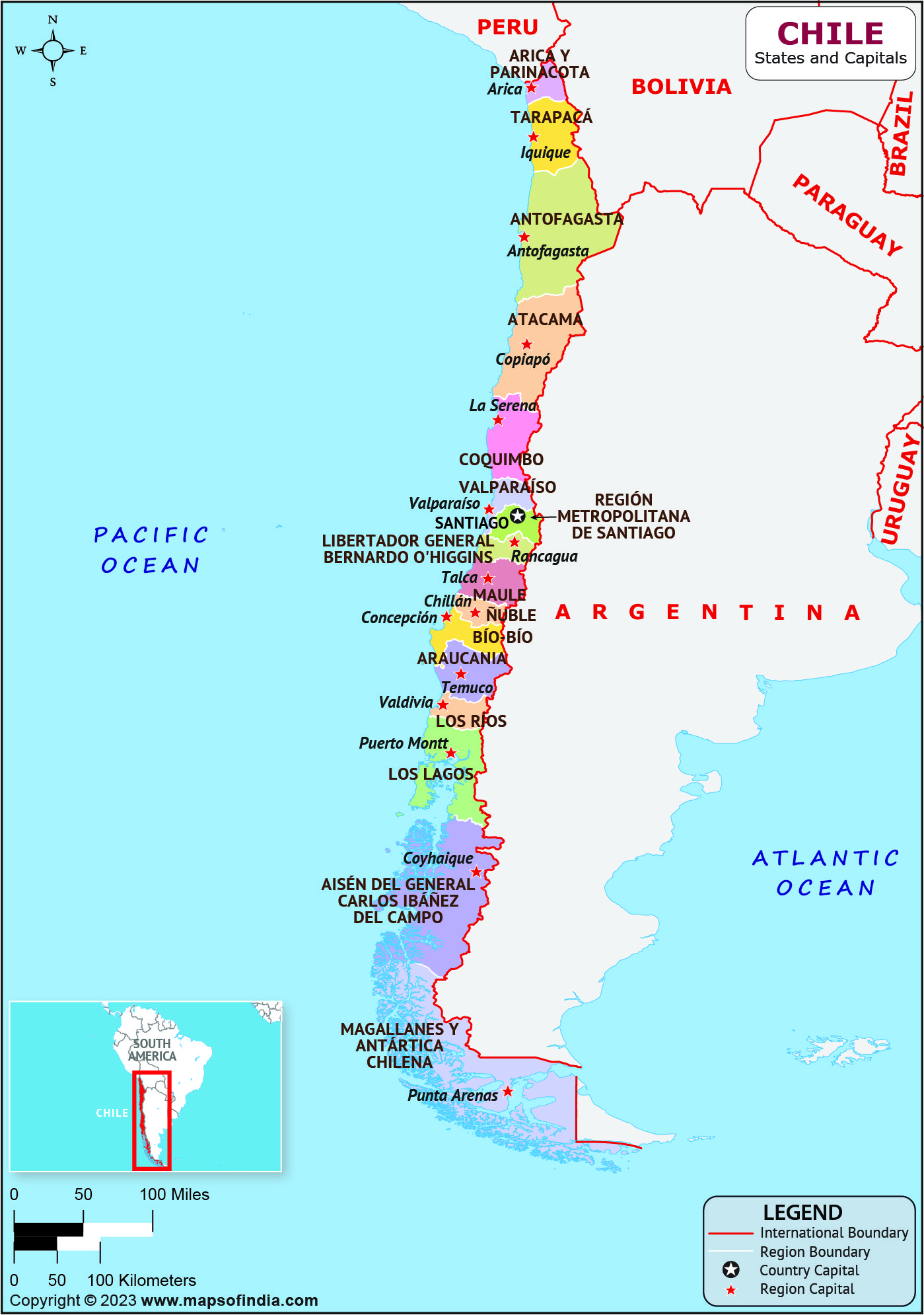 Chile Regions  and Capital Map