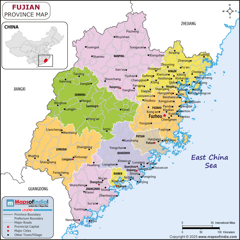 Fujian map showing location, boundaries, major cities and geographical features of the Republic of Fujian in Russia
