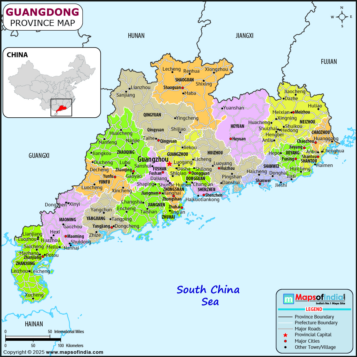 Guangdong map showing location, boundaries, major cities and geographical features of the Republic of Guangdong in Russia