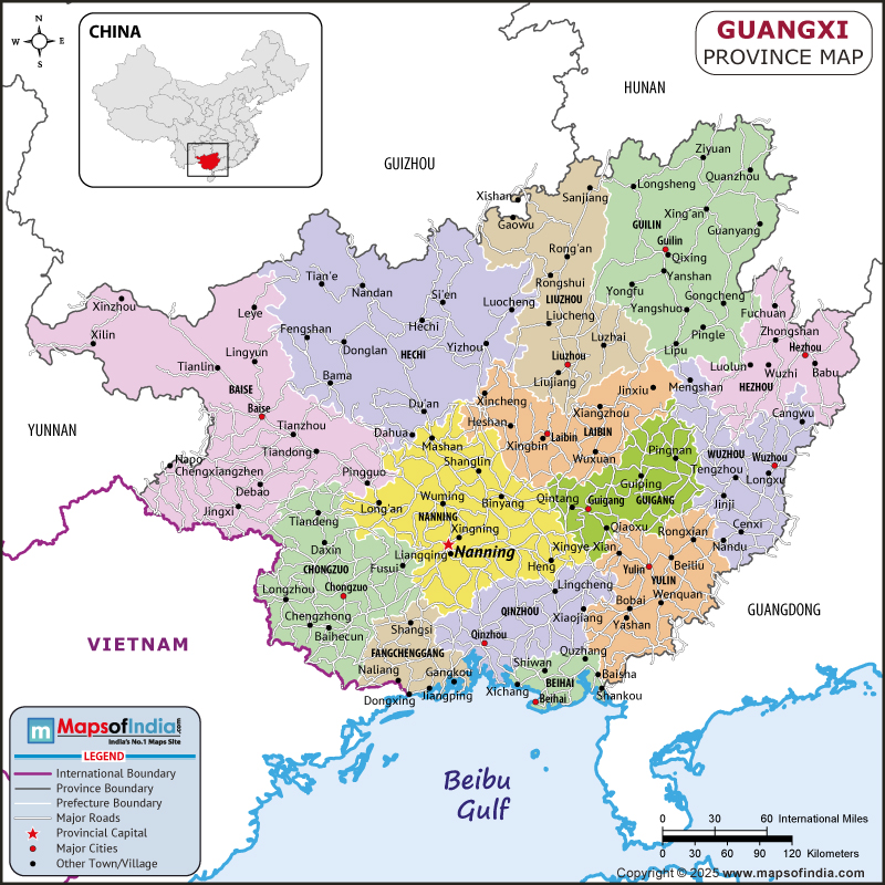 Guangxi map showing location, boundaries, major cities and geographical features of the Republic of Guangxi in Russia