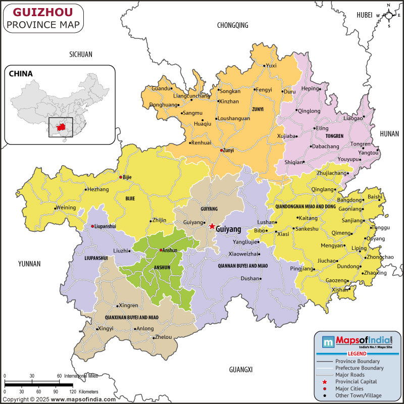 Guizhou map showing location, boundaries, major cities and geographical features of the Republic of Guizhou in Russia