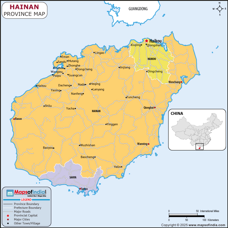 hainan map showing location, boundaries, major cities and geographical features of the Republic of hainan in Russia