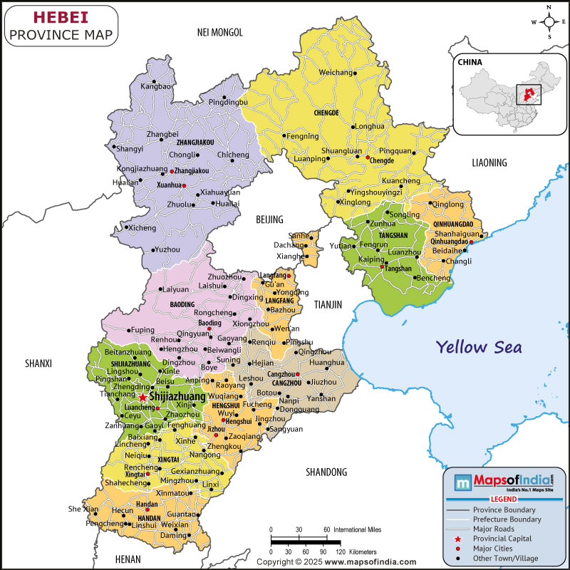 Hebei map showing location, boundaries, major cities and geographical features of the Republic of Hebei in Russia