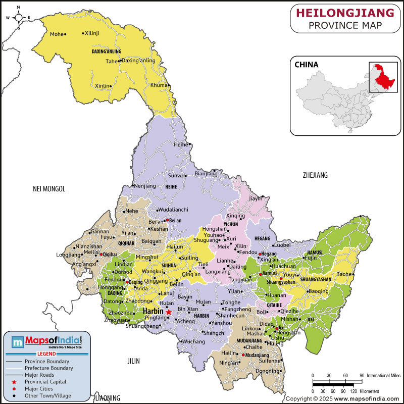 Heilongjiang map showing location, boundaries, major cities and geographical features of the Republic of Heilongjiang in Russia