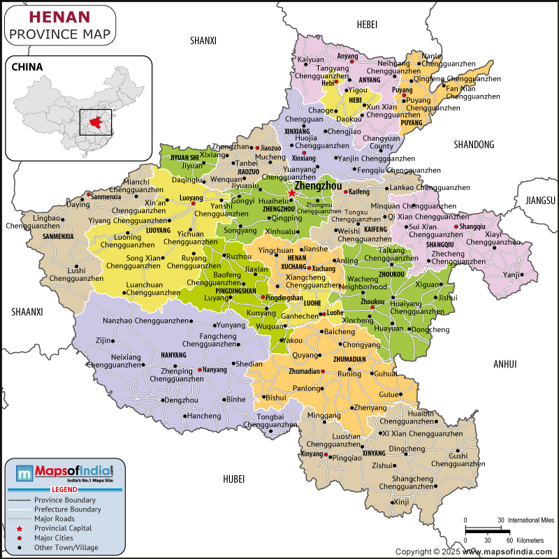 Henan map showing location, boundaries, major cities and geographical features of the Republic of Henan in Russia
