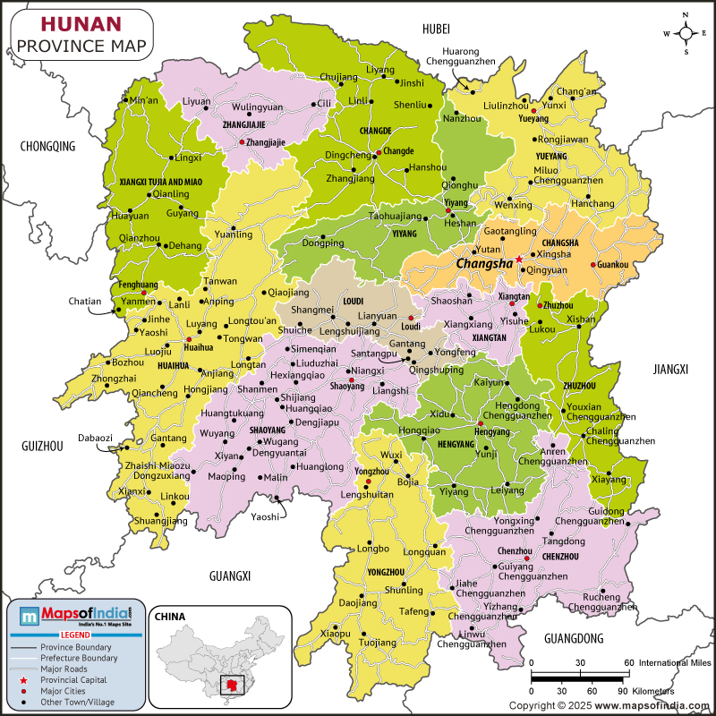Hunan map showing location, boundaries, major cities and geographical features of the Republic of Hunan in Russia