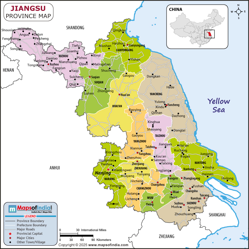 Jiangsu map showing location, boundaries, major cities and geographical features of the Republic of Jiangsu in Russia