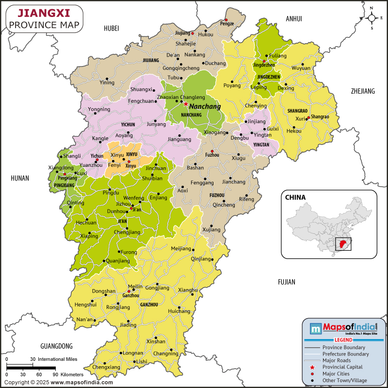 Jiangxsi map showing location, boundaries, major cities and geographical features of the Republic of Jiangxsi in Russia