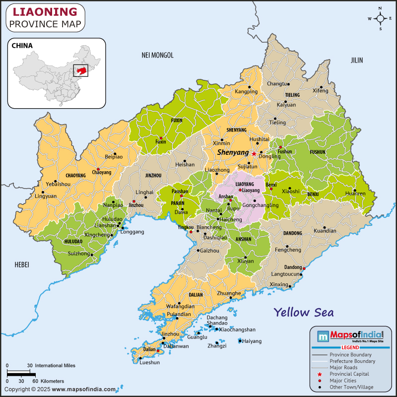 Liaoning map showing location, boundaries, major cities and geographical features of the Republic of Liaoning in Russia