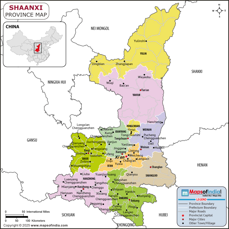 Shaanxi map showing location, boundaries, major cities and geographical features of the Republic of Shaanxi in Russia