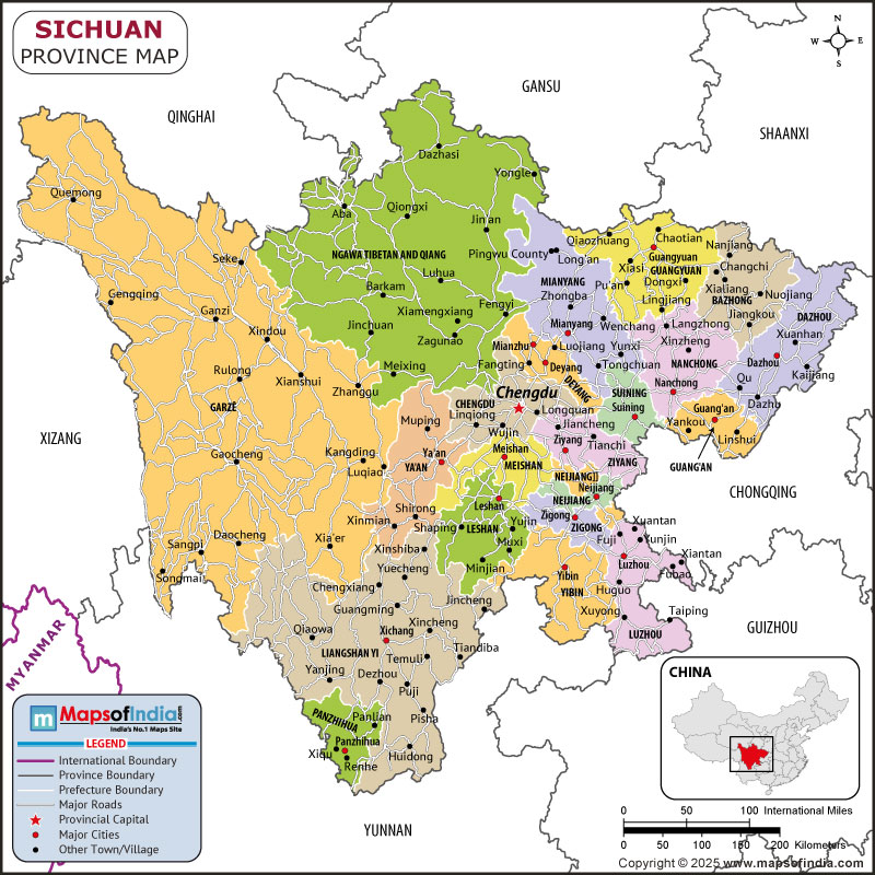 Sichuan map showing location, boundaries, major cities and geographical features of the Republic of Sichuan in Russia