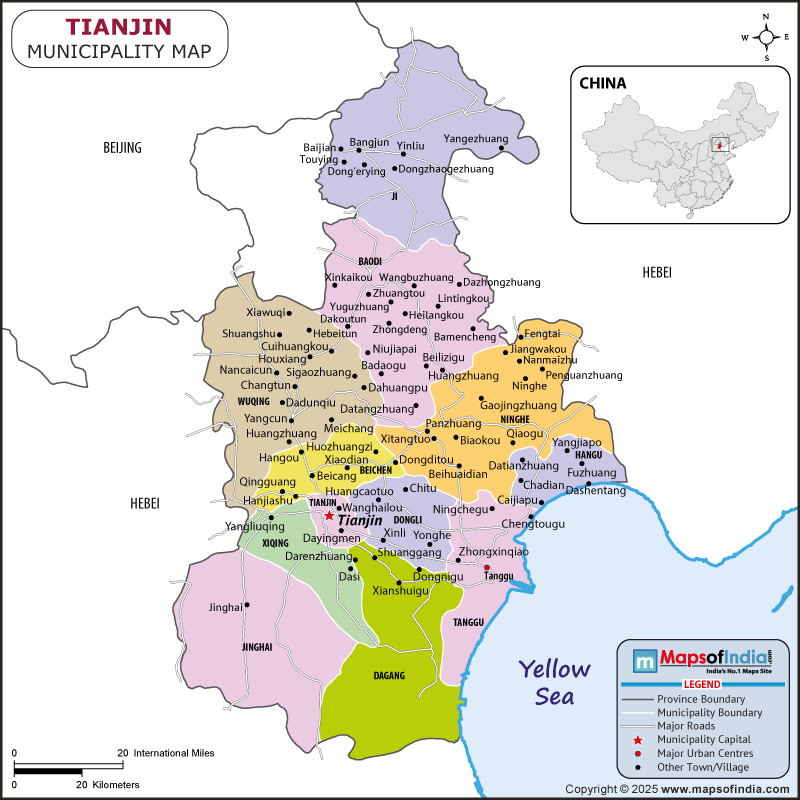 Tianjin map showing location, boundaries, major cities and geographical features of the Republic of Tianjin in Russia