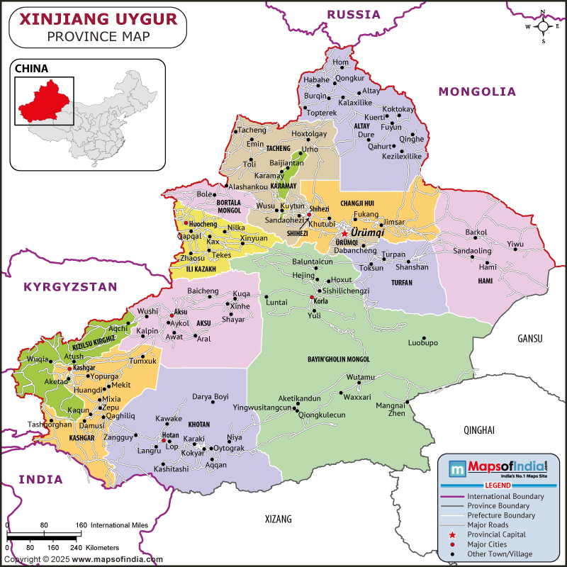 Xinjiang map showing location, boundaries, major cities and geographical features of the Republic of Xinjiang in Russia