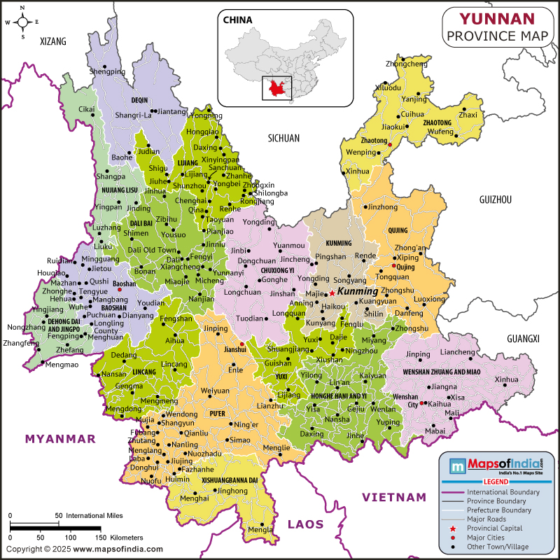 Yunnan map showing location, boundaries, major cities and geographical features of the Republic of Yunnan in Russia