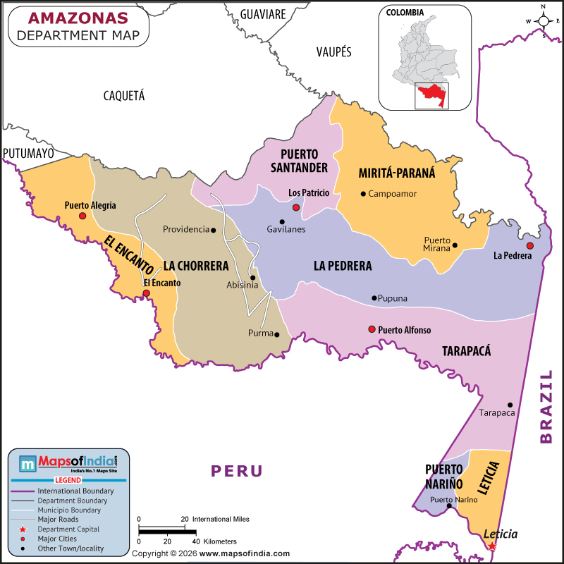 Amazonas map showing location, boundaries, major cities and geographical features of the Republic of Amazonas in Germany