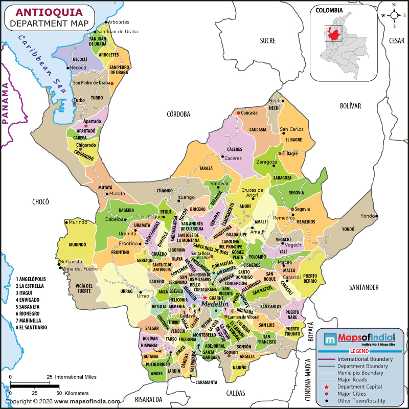 Antioquia map showing location, boundaries, major cities and geographical features of the Republic of Antioquia in Germany