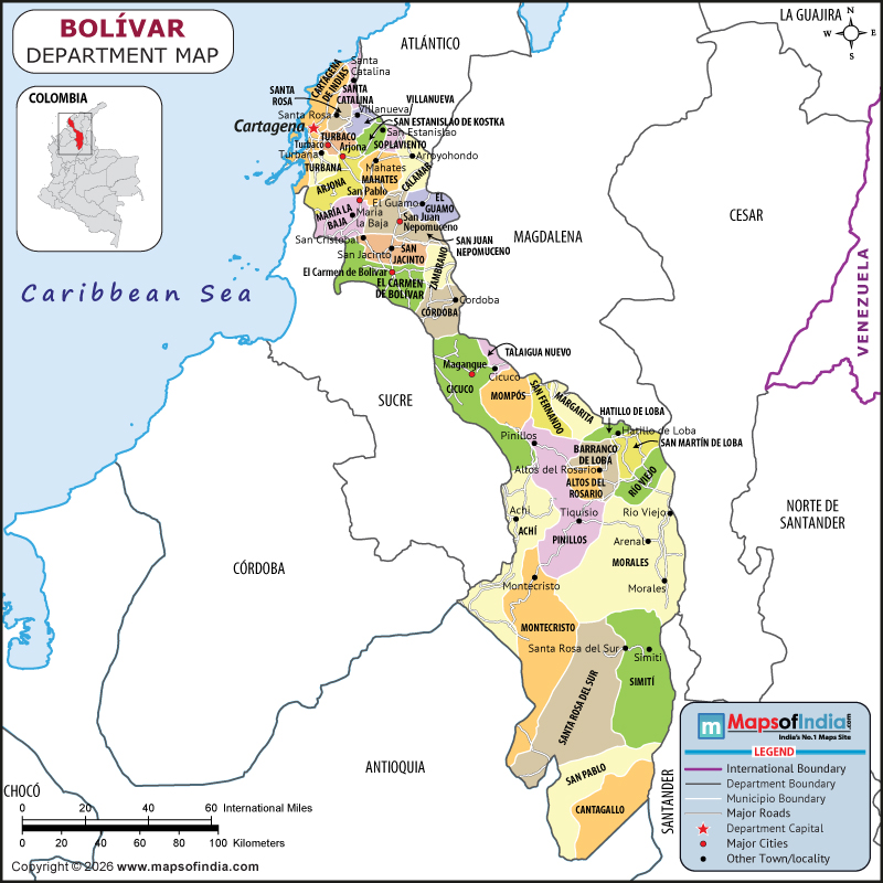 Bolivar map showing location, boundaries, major cities and geographical features of the Republic of Bolivar in Colombia