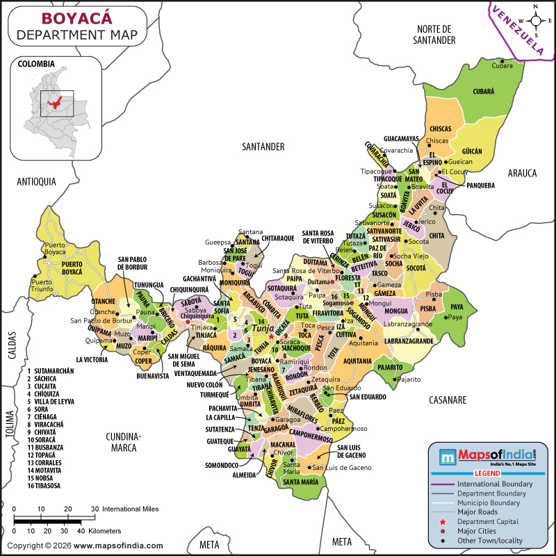 Boyaca map showing location, boundaries, major cities and geographical features of the Republic of Boyaca in Colombia