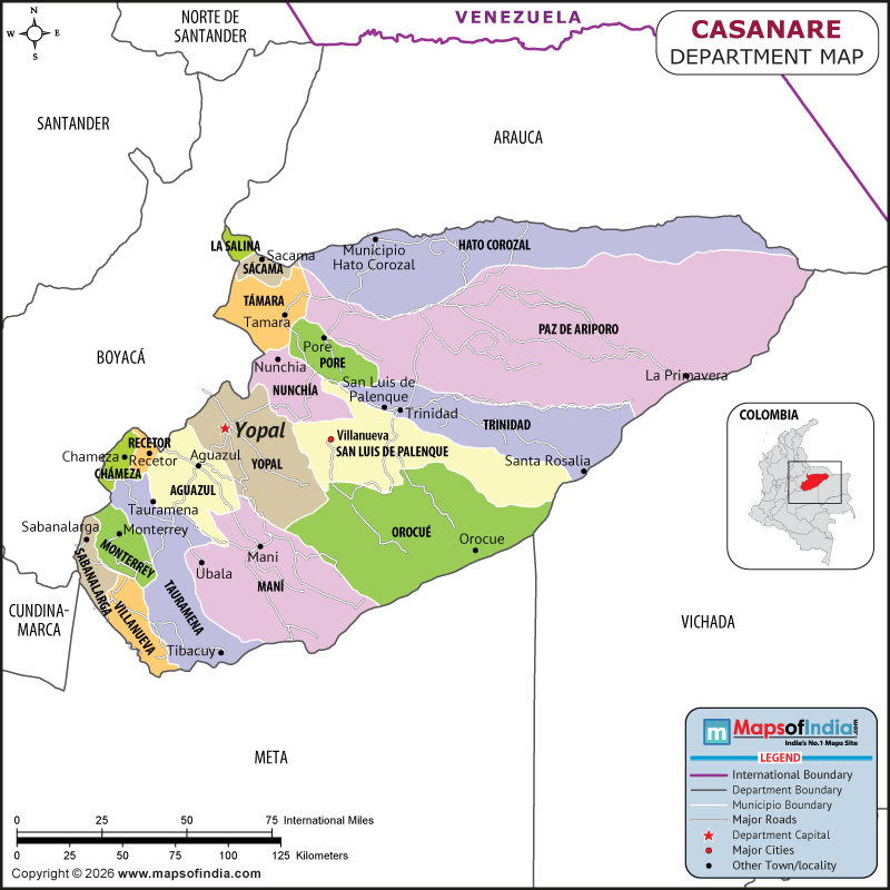 Casanare map showing location, boundaries, major cities and geographical features of the Republic of Casanare in Colombia