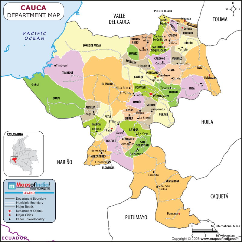 Cauca Map | Location and Geography of Cauca Colombia Cauca map showing location, boundaries, major cities and geographical features of the Republic of Cauca in Colombia