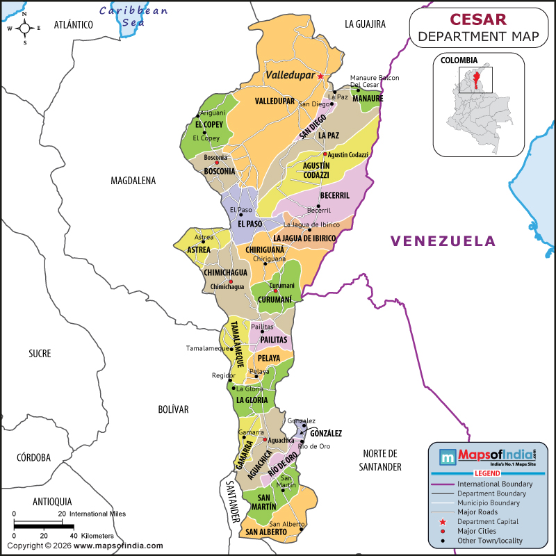 Cesar map showing location, boundaries, major cities and geographical features of the Republic of Cesar in Colombia