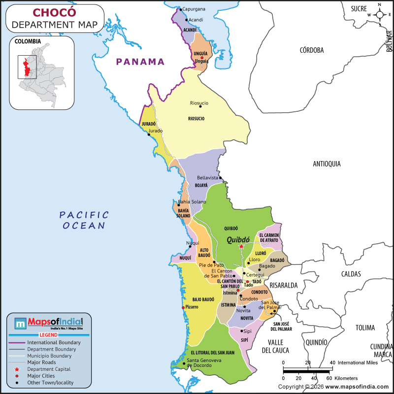Choco map showing location, boundaries, major cities and geographical features of the Republic of Choco in Colombia