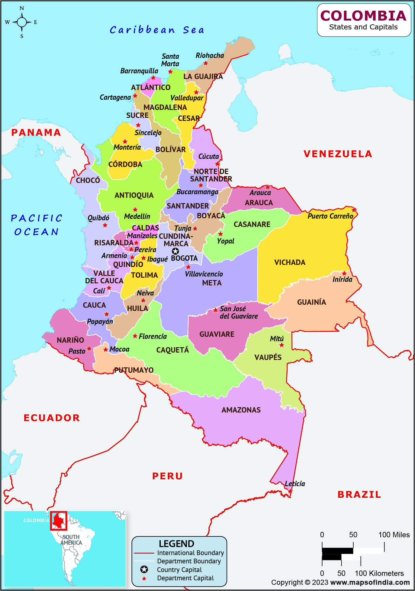 Colombia Departments  and Capital Map