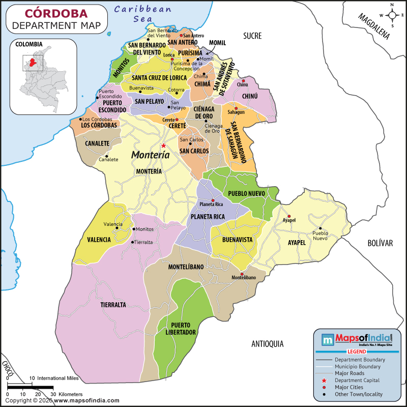 Cordoba map showing location, boundaries, major cities and geographical features of the Republic of Cordoba in Colombia