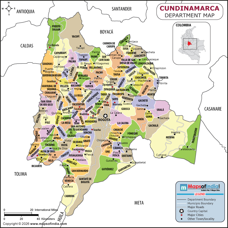 Cundinamarca map showing location, boundaries, major cities and geographical features of the Republic of Cundinamarca in Colombia