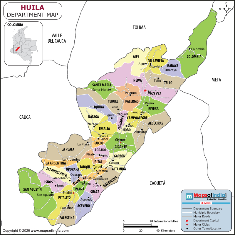 Huila Map | Location and Geography of Huila Colombia Huila map showing location, boundaries, major cities and geographical features of the Republic of Huila in Colombia