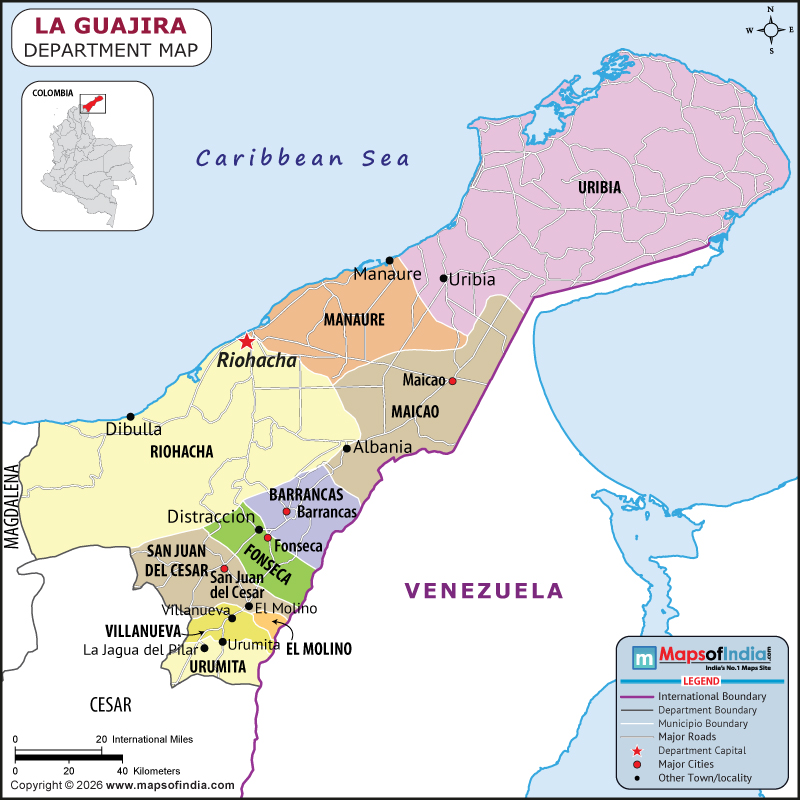 La Guajira map showing location, boundaries, major cities and geographical features of the Republic of La Guajira in Colombia