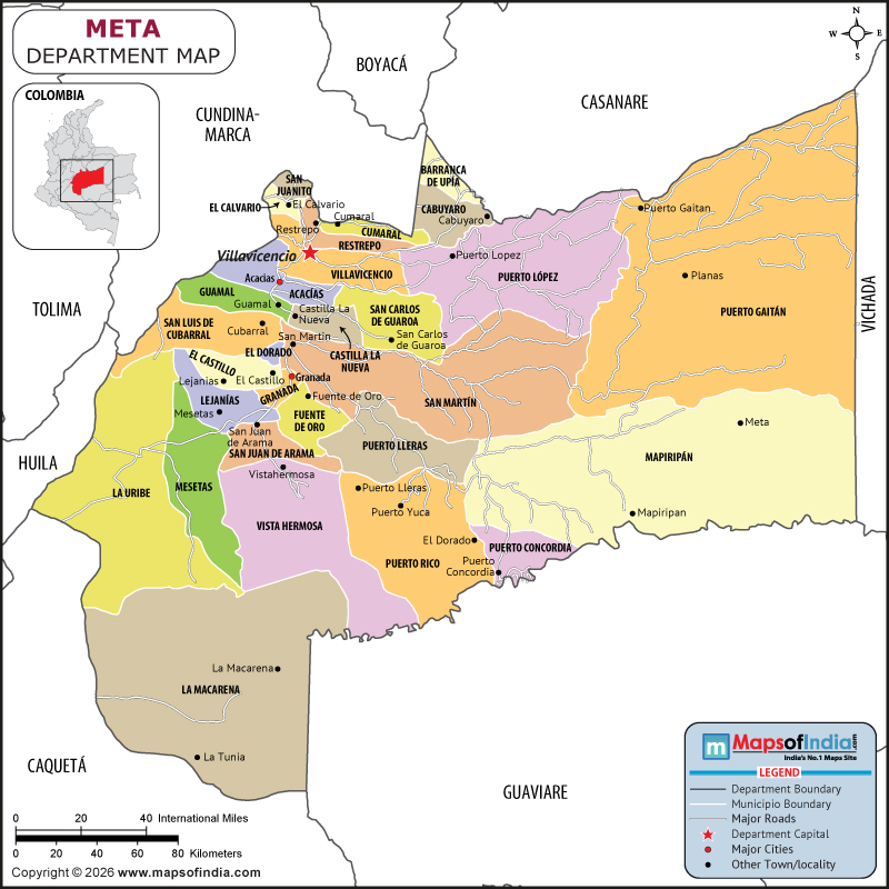 Meta map showing location, boundaries, major cities and geographical features of the Republic of Meta in Colombia