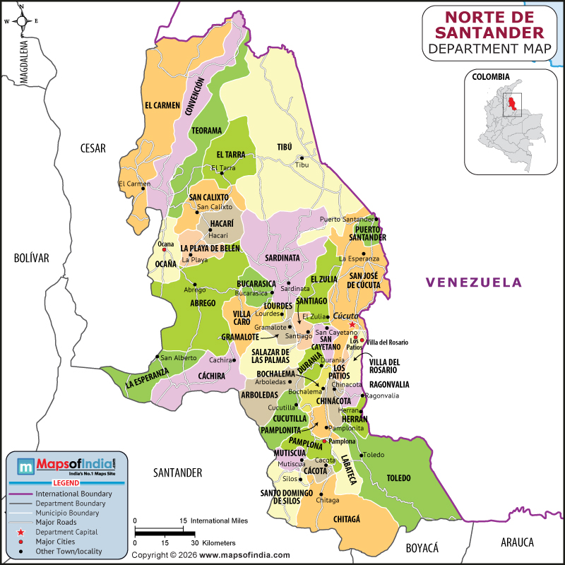 Norte De Santander Map | Location and Geography of Norte De Santander Colombia Norte De Santander map showing location, boundaries, major cities and geographical features of the Republic of Norte De Santander in Colombia