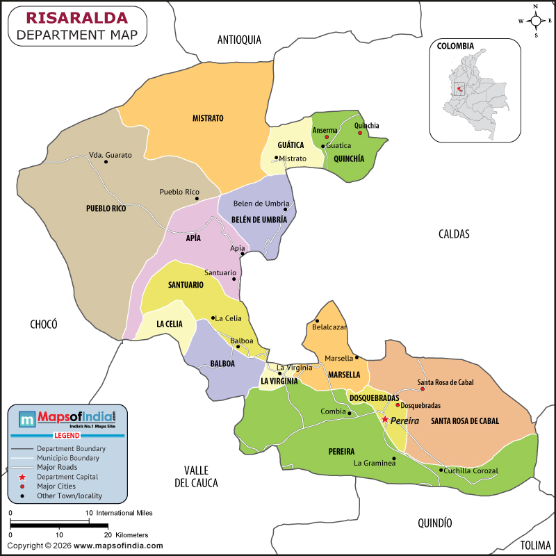 Risaralda Map | Location and Geography of Risaralda Colombia Risaralda map showing location, boundaries, major cities and geographical features of the Republic of Risaralda in Colombia