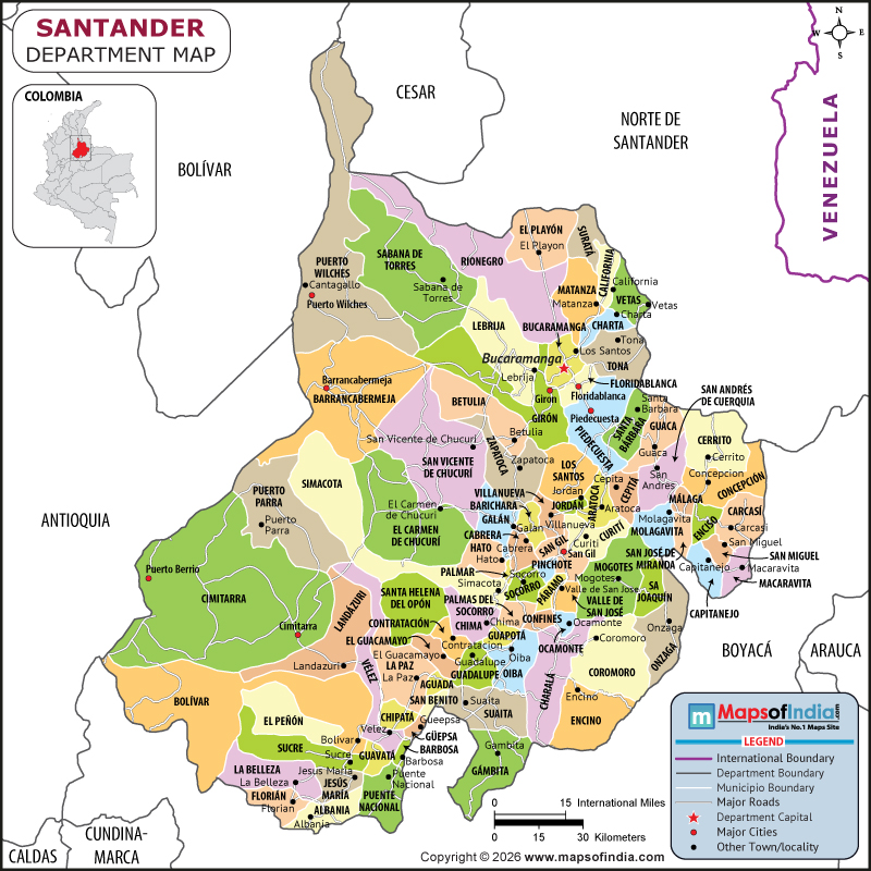 Santander map showing location, boundaries, major cities and geographical features of the Republic of Santander in Colombia