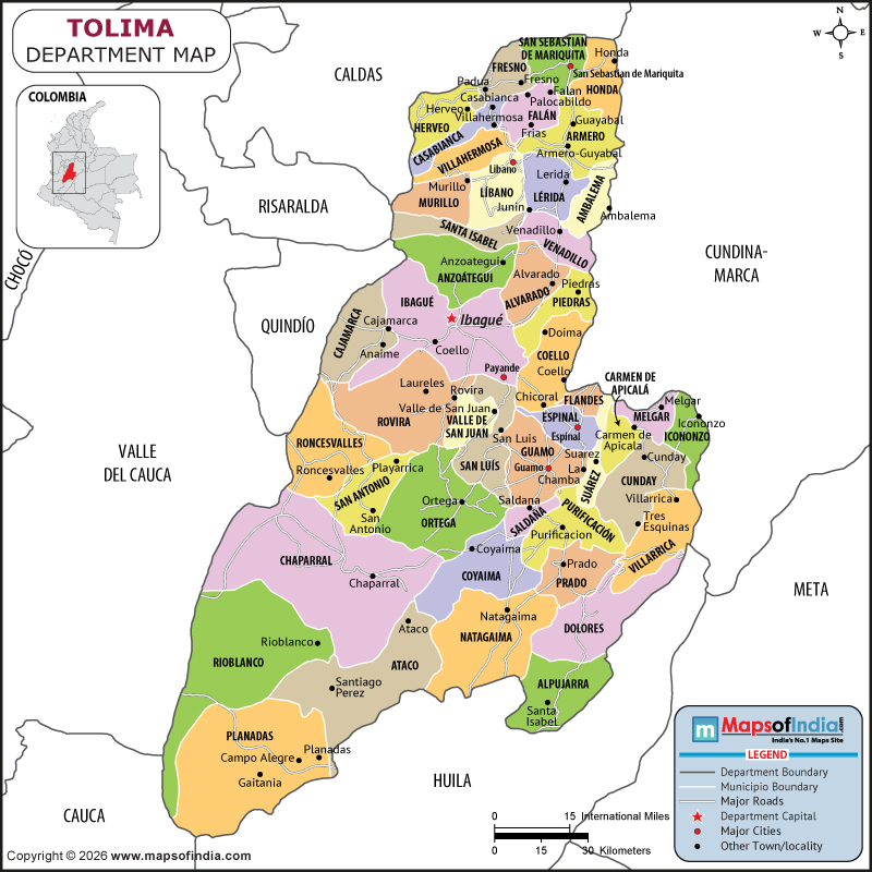 Tolima Map | Location and Geography of Tolima Colombia Tolima map showing location, boundaries, major cities and geographical features of the Republic of Tolima in Colombia