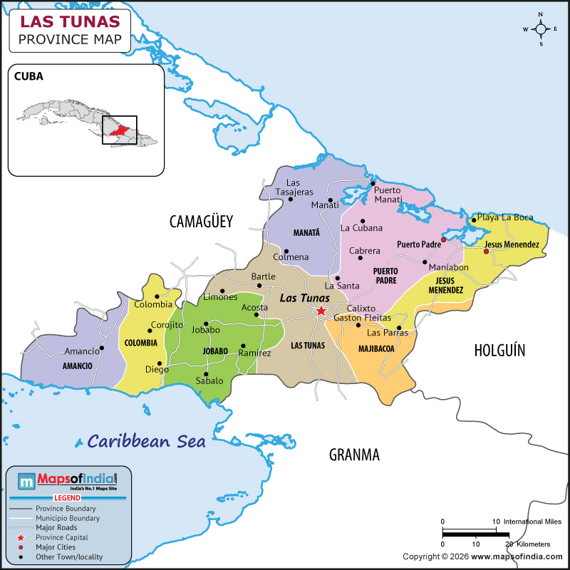Las Tunas map showing location, boundaries, major cities and geographical features of the Republic of las in Iran