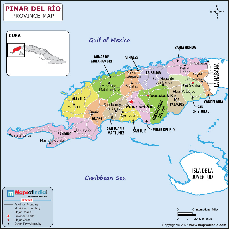 Pinar-Del-Rio map showing location, boundaries, major cities and geographical features of the Republic of las in Iran